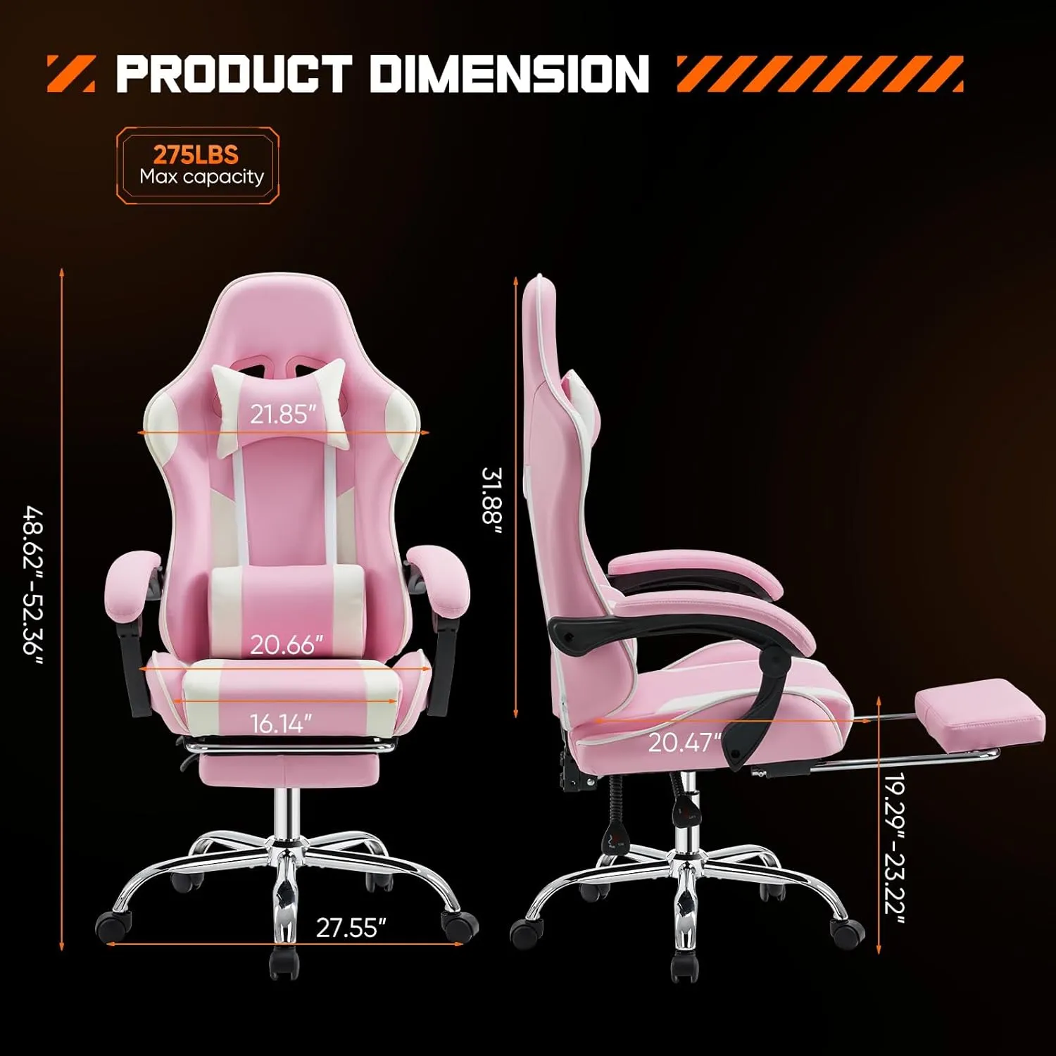 Sweetcrispy Video Game Desk Chair - Ergonomic Computer with Footrest and Comfy Lumbar Support, PU Leather Recliner with Headrest, Fixed Up Armrest, Height Adjustable with 360° Swivel, for Adults, Pink