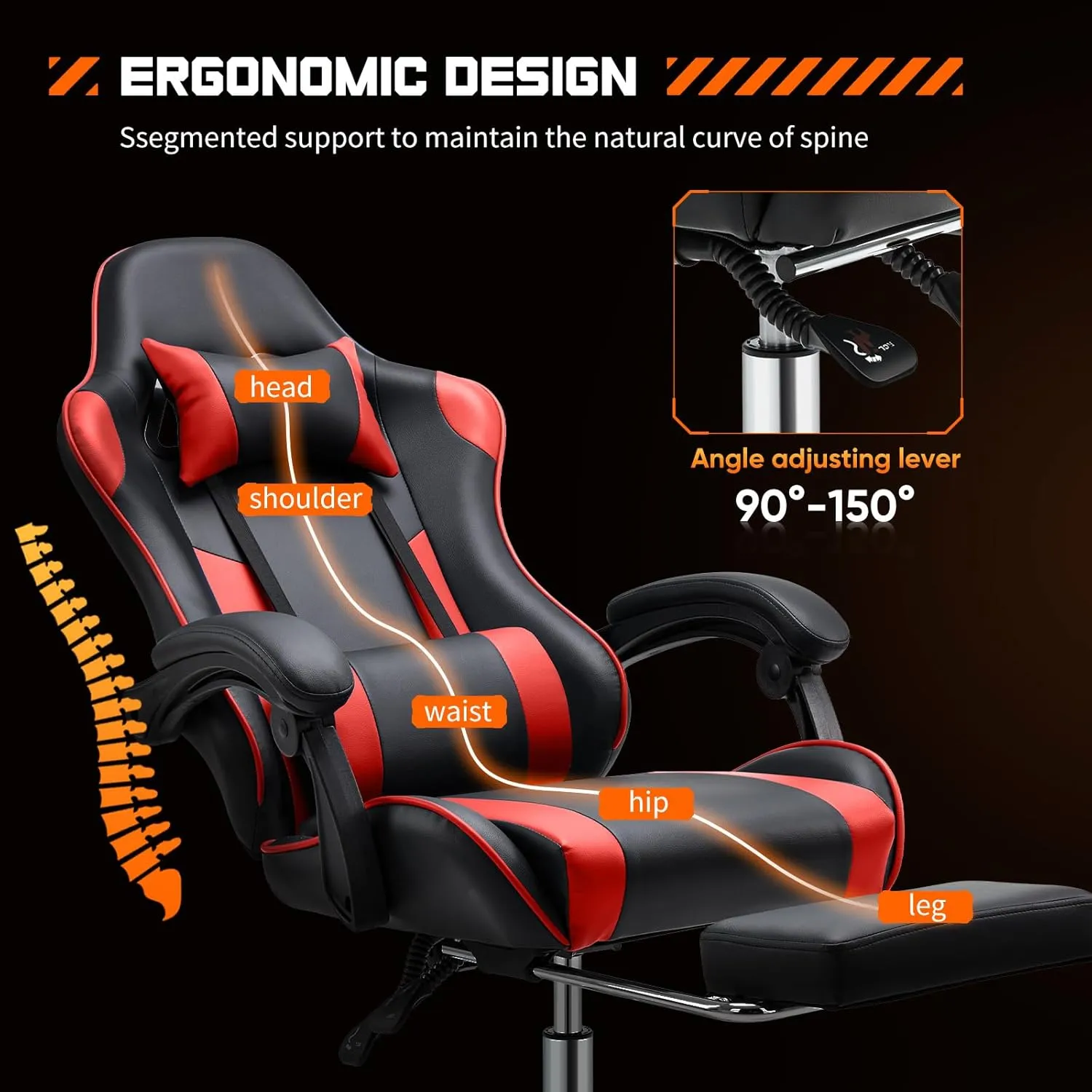 Sweetcrispy Video Game Desk Chair - Ergonomic Computer with Footrest and Comfy Lumbar Support, PU Leather Recliner with Headrest, Fixed Up Armrest, Height Adjustable with 360° Swivel, for Adults, Red