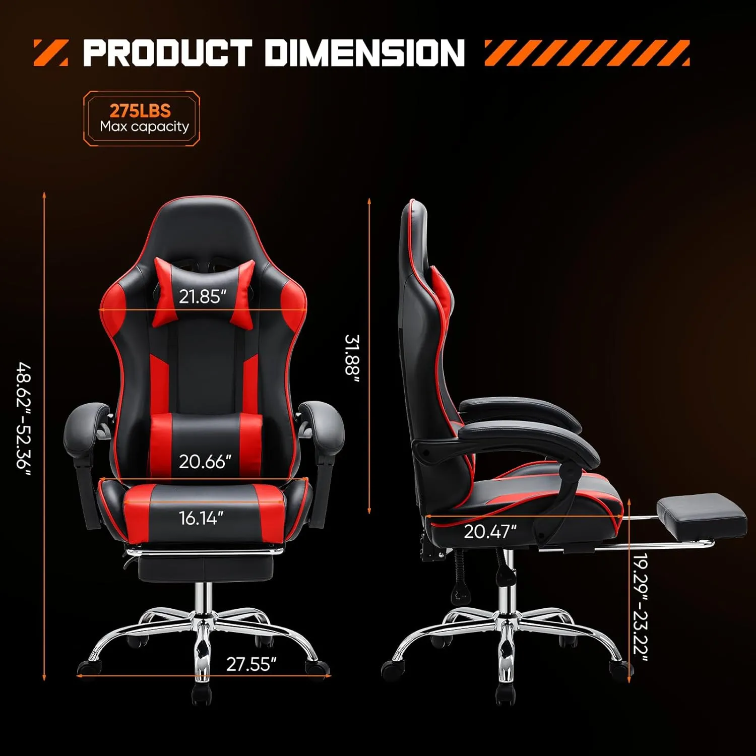 Sweetcrispy Video Game Desk Chair - Ergonomic Computer with Footrest and Comfy Lumbar Support, PU Leather Recliner with Headrest, Fixed Up Armrest, Height Adjustable with 360° Swivel, for Adults, Red
