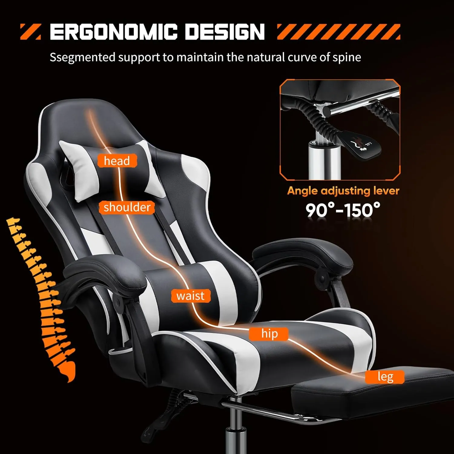 Sweetcrispy Video Game Desk Chair - Ergonomic Computer with Footrest and Comfy Lumbar Support, PU Leather Recliner with Headrest, Fixed Up Armrest, Height Adjustable with 360° Swivel, White, Adults