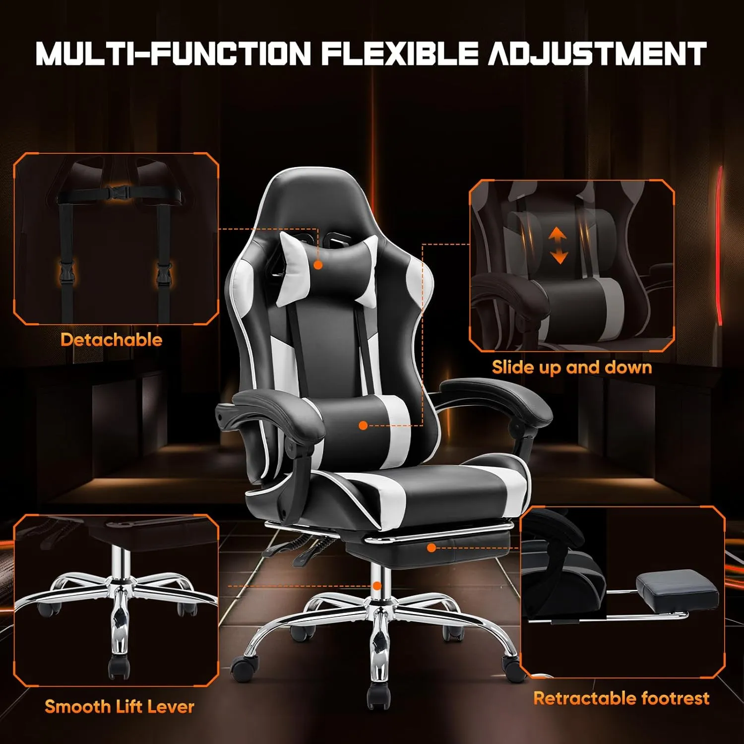 Sweetcrispy Video Game Desk Chair - Ergonomic Computer with Footrest and Comfy Lumbar Support, PU Leather Recliner with Headrest, Fixed Up Armrest, Height Adjustable with 360° Swivel, White, Adults