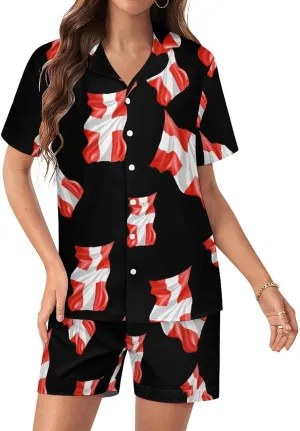 Switch Flag Women's Satin Pajama Set Short Sleeve Button Down Sleepwear Loungewear Pj Set
