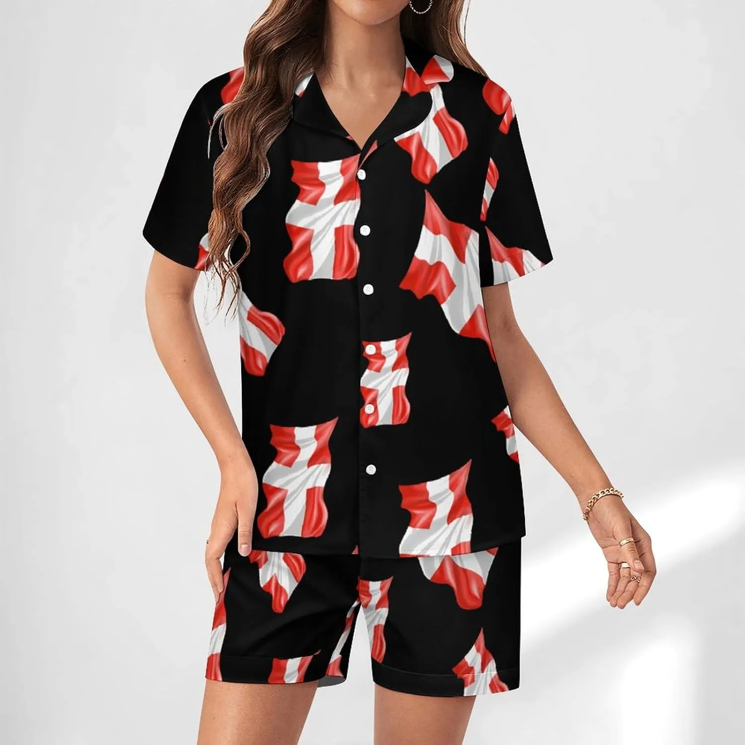 Switch Flag Women's Satin Pajama Set Short Sleeve Button Down Sleepwear Loungewear Pj Set