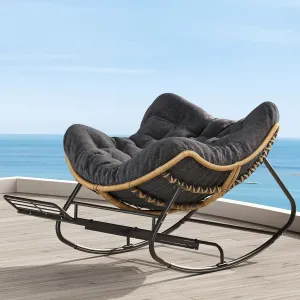 SWITTE Outdoor Papasan Rocking Chair with Adjustable Footrest, Oversized Wicker Zero-Gravity Chair with Cushion, All-Weather Lounge for Patio, Living Room-Dark Grey