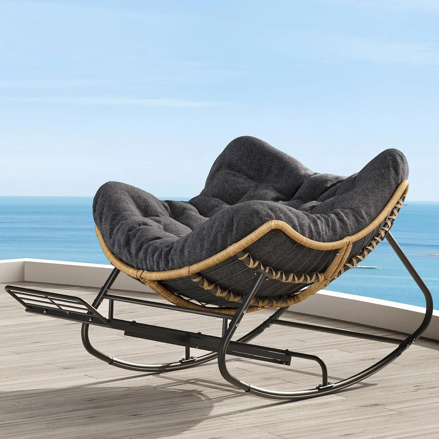 SWITTE Outdoor Papasan Rocking Chair with Adjustable Footrest, Oversized Wicker Zero-Gravity Chair with Cushion, All-Weather Lounge for Patio, Living Room-Dark Grey