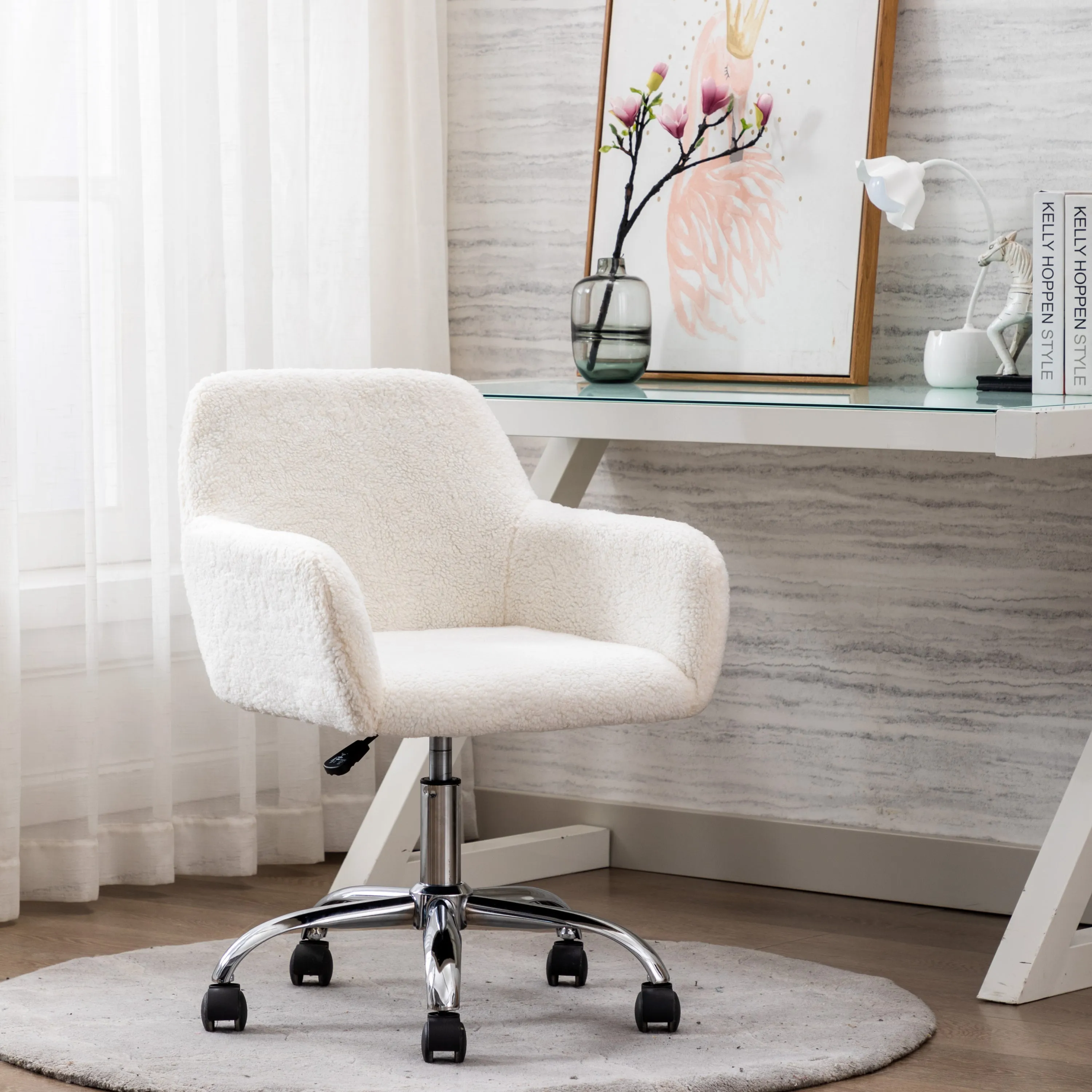 Swivel Desk Chair Height Adjustable - White Wool