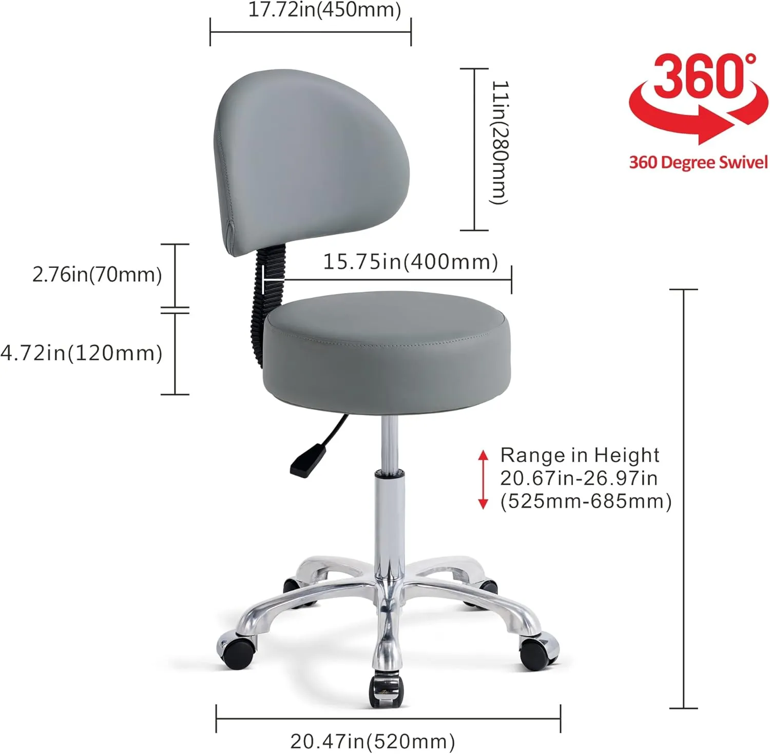 Swivel Rolling Stool Round Chair,Thick Sturdy Padding,Adjustable Stool with Wheels for Doctor,Medical,Massage Salon,Office,Shop(Black) (with Back, Gray)
