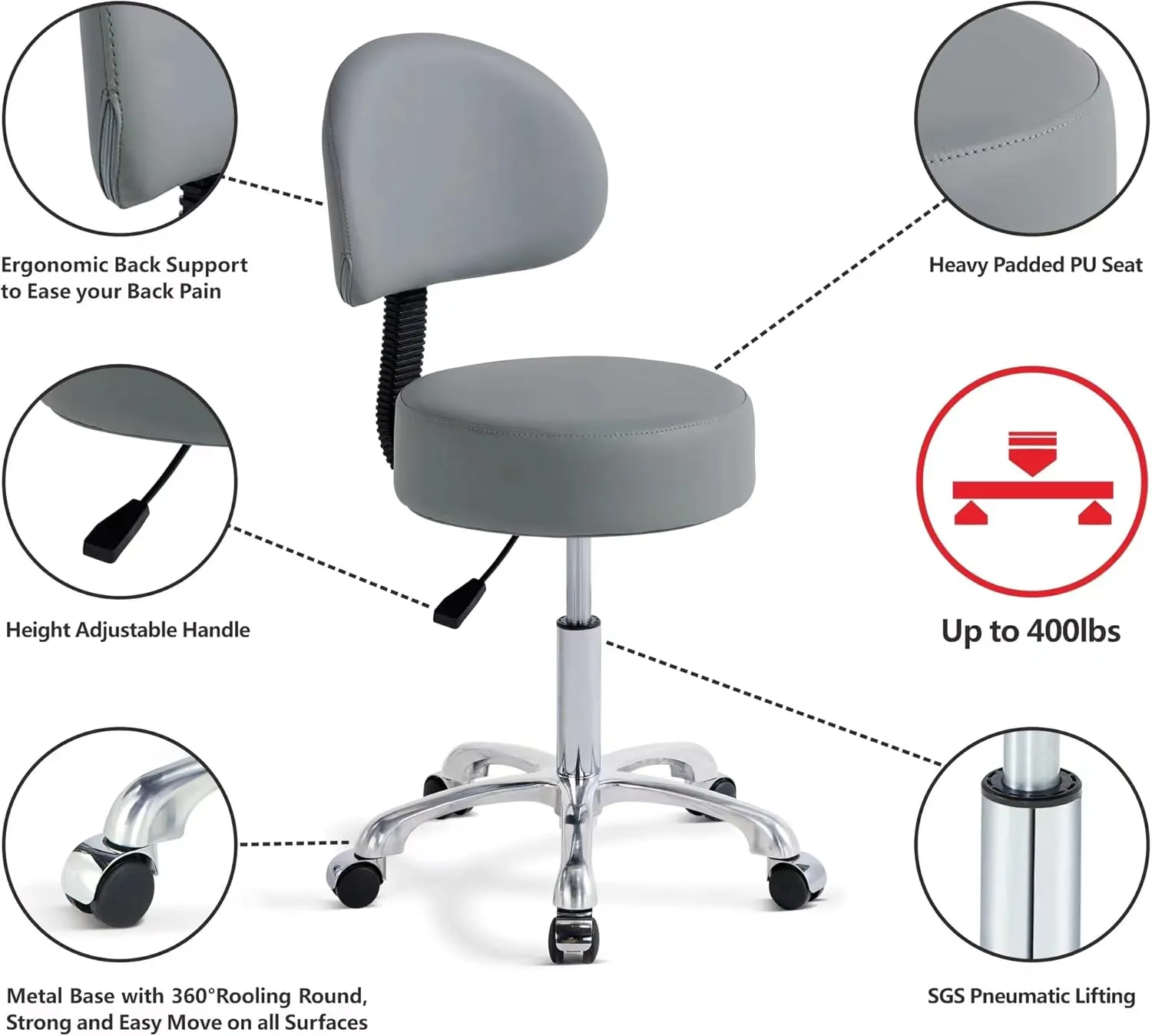 Swivel Rolling Stool Round Chair,Thick Sturdy Padding,Adjustable Stool with Wheels for Doctor,Medical,Massage Salon,Office,Shop(Black) (with Back, Gray)