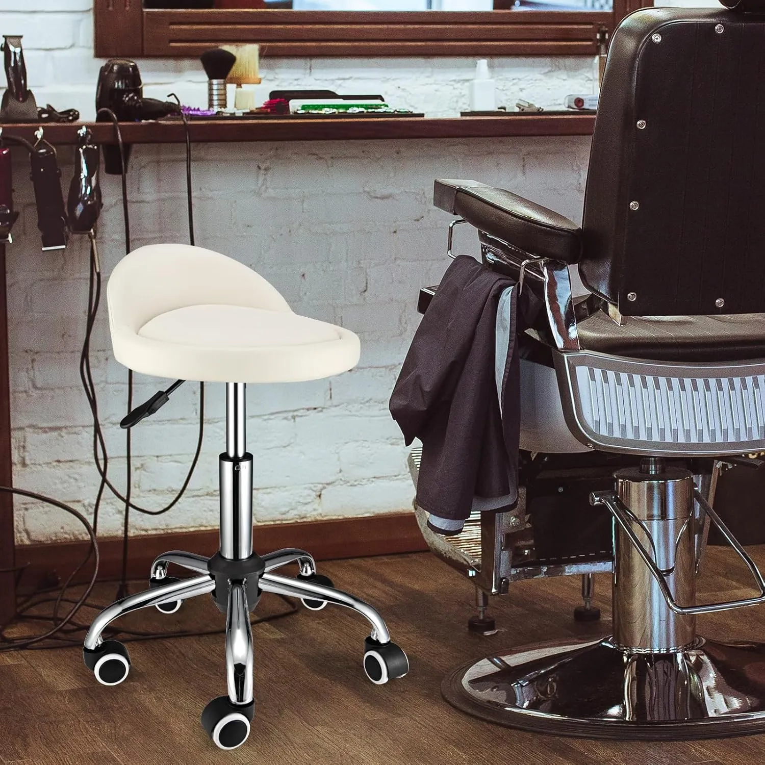 Swivel Rolling Stool with Wheels Height Adjustable Stool Chair Drafting Chair with Backrest White
