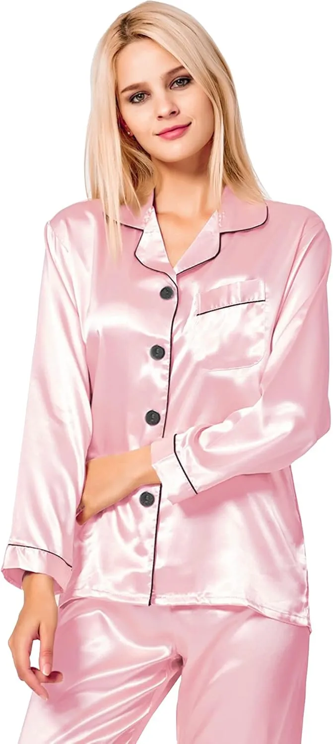 SWOMOG Womens Silk Satin Pajamas Set Long Sleeve Button Down Sleepwear 2 Piece Lounge Set Pj Set XS-3XL