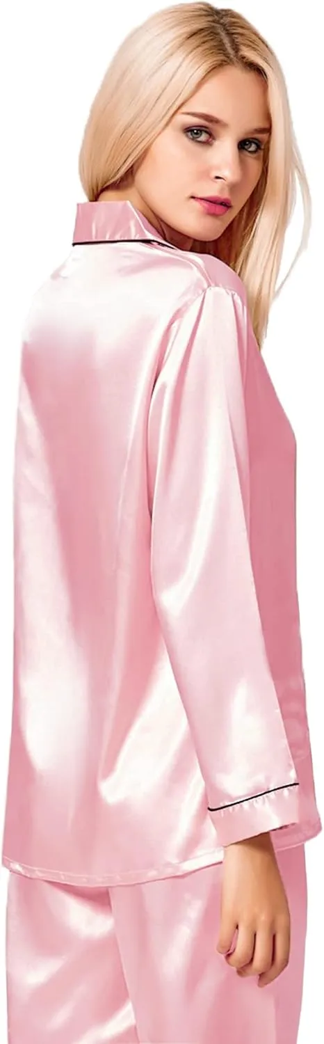 SWOMOG Womens Silk Satin Pajamas Set Long Sleeve Button Down Sleepwear 2 Piece Lounge Set Pj Set XS-3XL