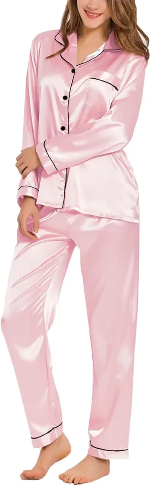 SWOMOG Womens Silk Satin Pajamas Set Long Sleeve Button Down Sleepwear 2 Piece Lounge Set Pj Set XS-3XL
