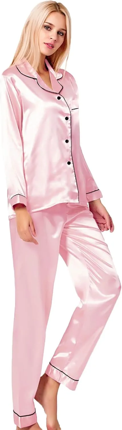 SWOMOG Womens Silk Satin Pajamas Set Long Sleeve Button Down Sleepwear 2 Piece Lounge Set Pj Set XS-3XL