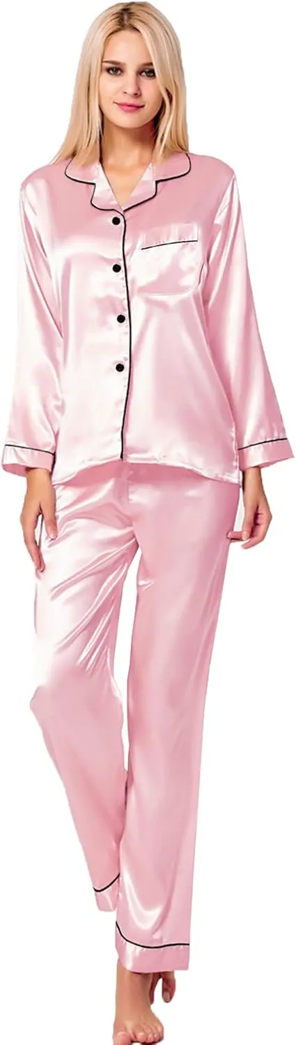 SWOMOG Womens Silk Satin Pajamas Set Long Sleeve Button Down Sleepwear 2 Piece Lounge Set Pj Set XS-3XL