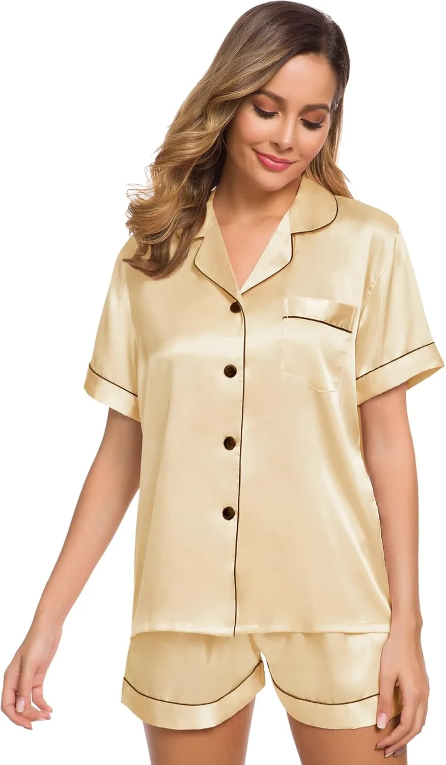 SWOMOG Womens Silk Satin Pajamas Set Short Sleeve Sleepwear Button Down Top and Shorts Loungewear 2 Piece Pjs Set XS-3XL