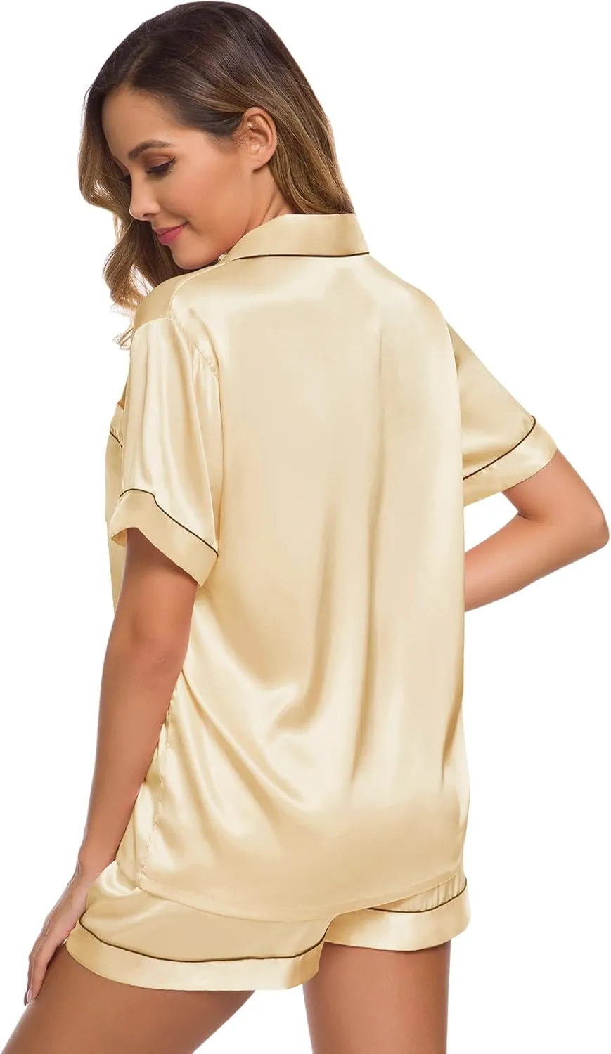 SWOMOG Womens Silk Satin Pajamas Set Short Sleeve Sleepwear Button Down Top and Shorts Loungewear 2 Piece Pjs Set XS-3XL