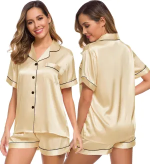 SWOMOG Womens Silk Satin Pajamas Set Short Sleeve Sleepwear Button Down Top and Shorts Loungewear 2 Piece Pjs Set XS-3XL