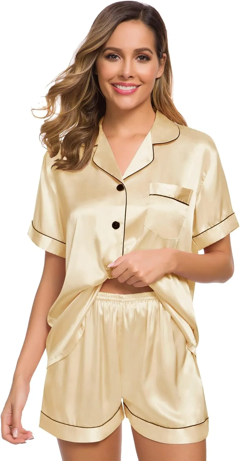 SWOMOG Womens Silk Satin Pajamas Set Short Sleeve Sleepwear Button Down Top and Shorts Loungewear 2 Piece Pjs Set XS-3XL