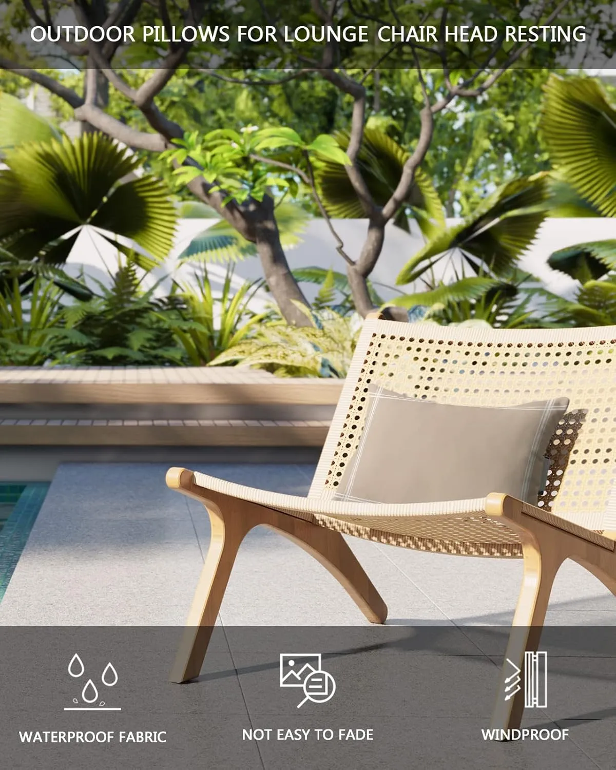 T&H XHome Outdoor Pillow for Chaise Lounge Chair, Solid Color Light Khaki Waterproof Headrest Pillow Lumbar Pillows with Insert & Adjustable Elastic Strap for Beach, Poolside, Patio, Office (2 Pack)