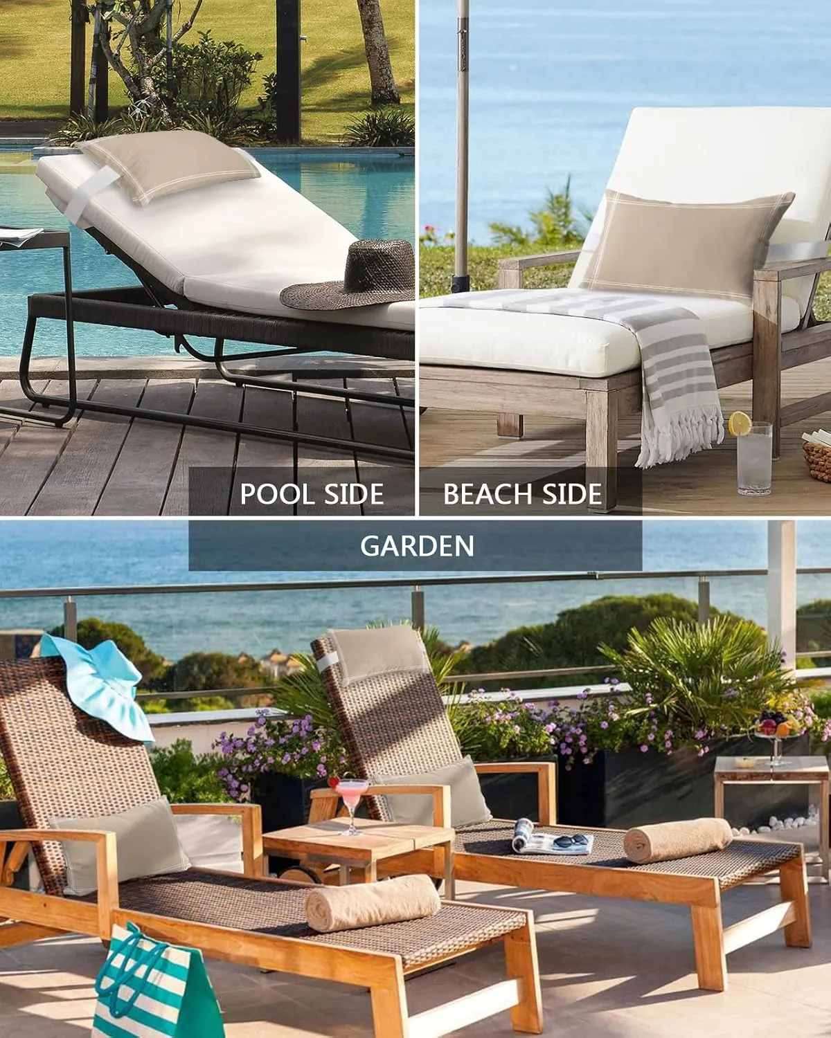 T&H XHome Outdoor Pillow for Chaise Lounge Chair, Solid Color Light Khaki Waterproof Headrest Pillow Lumbar Pillows with Insert & Adjustable Elastic Strap for Beach, Poolside, Patio, Office (2 Pack)