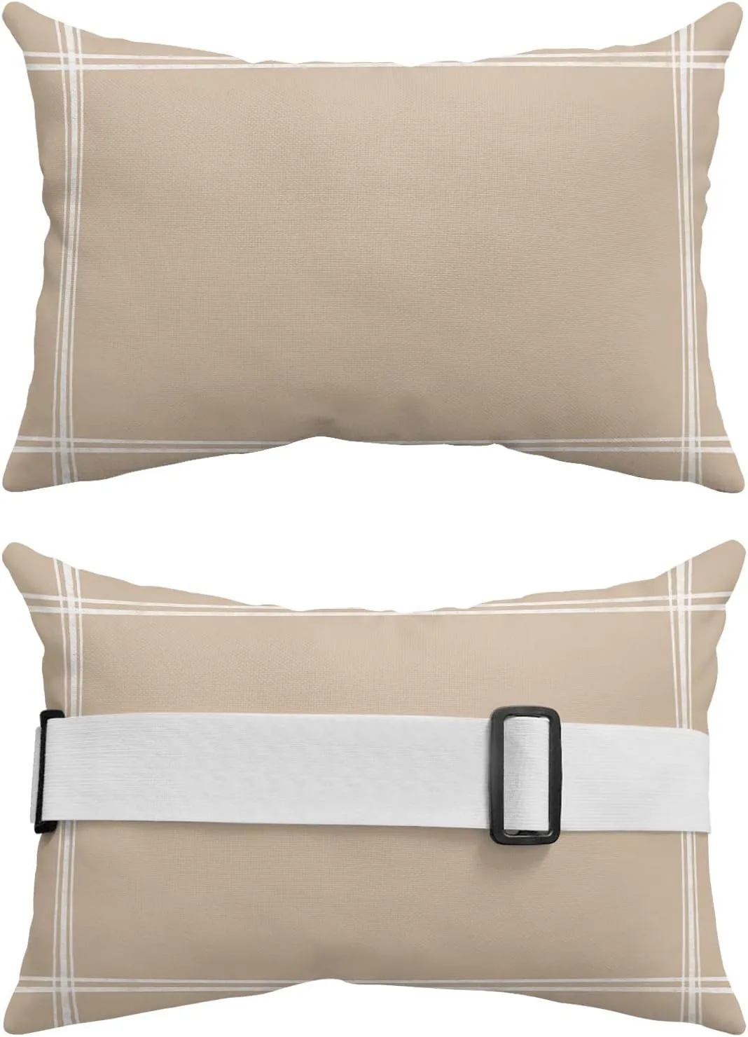 T&H XHome Outdoor Pillow for Chaise Lounge Chair, Solid Color Light Khaki Waterproof Headrest Pillow Lumbar Pillows with Insert & Adjustable Elastic Strap for Beach, Poolside, Patio, Office (2 Pack)