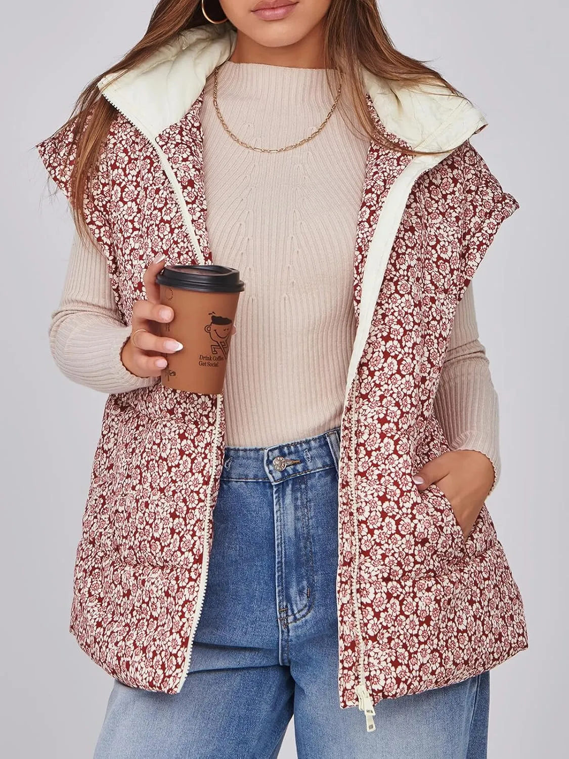 Tankaneo Womens Floral Oversized Puffer Vest Cap Sleeve Winter Warm Puffy Quilted Jackets Coat