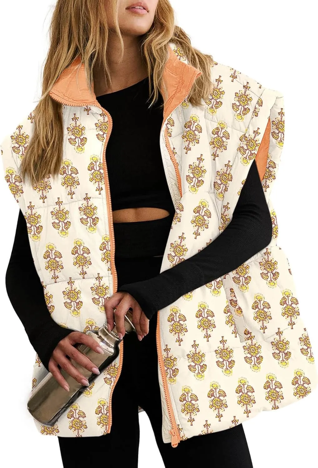 Tankaneo Womens Floral Oversized Puffer Vest Cap Sleeve Winter Warm Puffy Quilted Jackets Coat