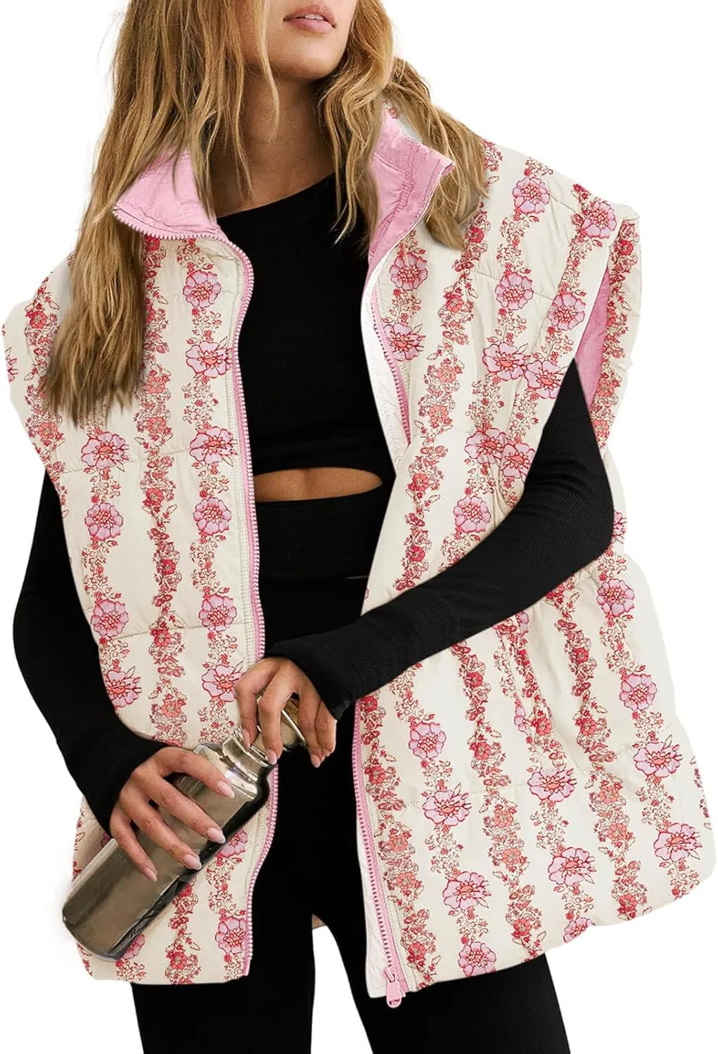 Tankaneo Womens Floral Oversized Puffer Vest Cap Sleeve Winter Warm Puffy Quilted Jackets Coat