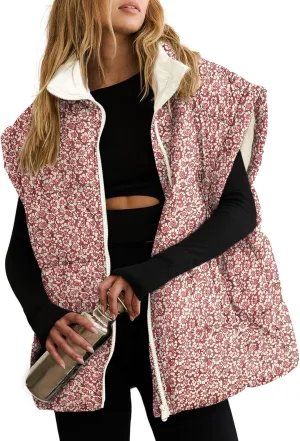 Tankaneo Womens Floral Oversized Puffer Vest Cap Sleeve Winter Warm Puffy Quilted Jackets Coat