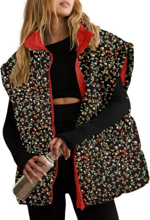 Tankaneo Womens Floral Oversized Puffer Vest Cap Sleeve Winter Warm Puffy Quilted Jackets Coat
