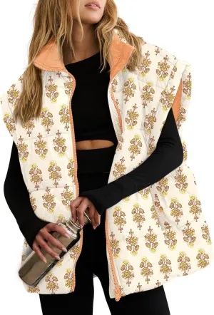 Tankaneo Womens Floral Oversized Puffer Vest Cap Sleeve Winter Warm Puffy Quilted Jackets Coat