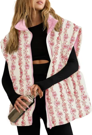 Tankaneo Womens Floral Oversized Puffer Vest Cap Sleeve Winter Warm Puffy Quilted Jackets Coat