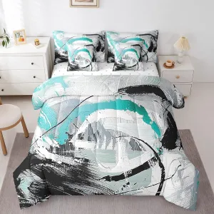 Teal Bed in a Bag Queen Comforter Set 7 Piece,Gradient Black White Grey Cyan Abstract Ombre Bedding Sets,Brush Oil Painting Contemporary Sheet Set with Comforter Vintage Graffiti Art Room Decor