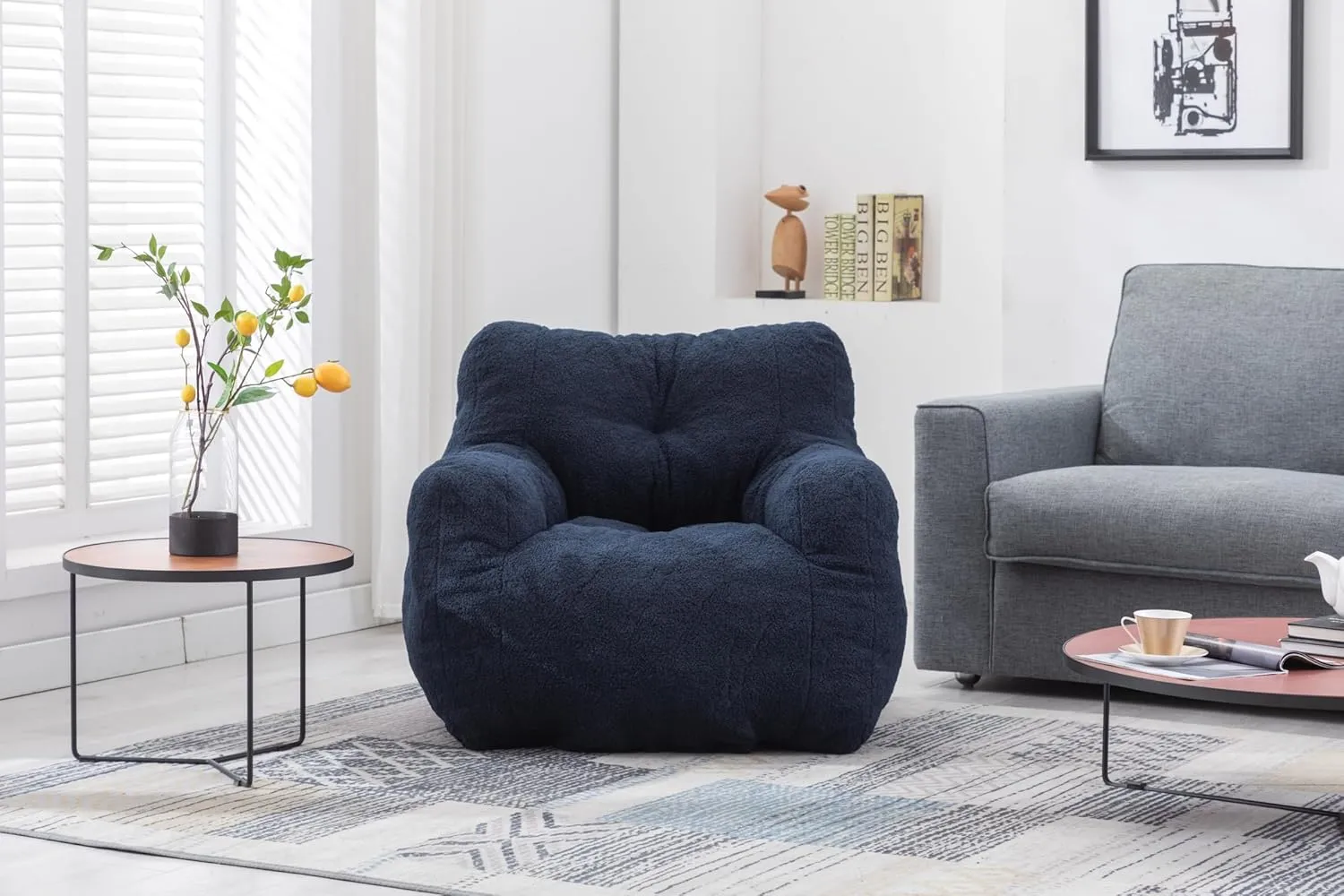Teddy Bean Bag Chair with Memory Foam Filling, Soft Tufted Lazy Chair for Adults and Kids, 39.37" W x 37" D x 27.56" H, 250 lbs Capacity, Dark Blue