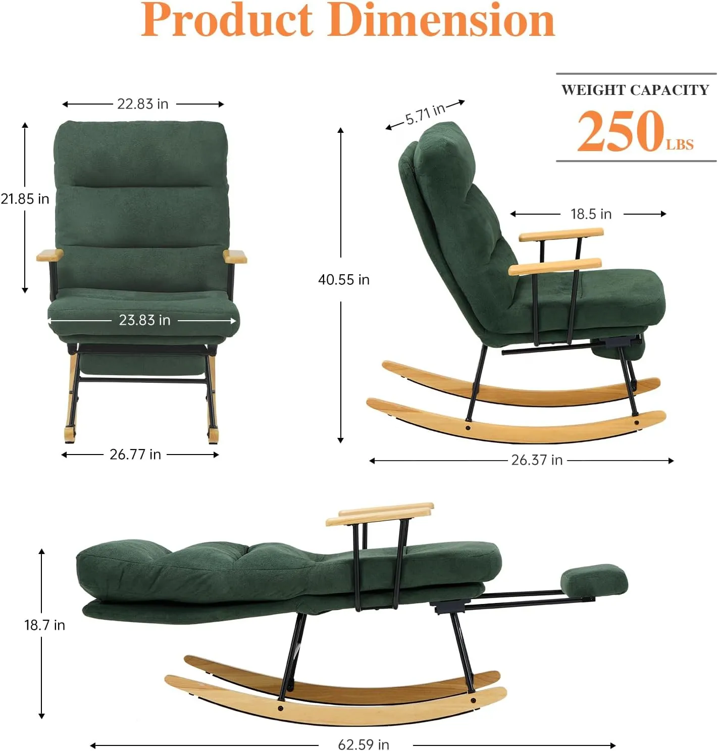 Teddy Upholstered Rocking Chair - Glider with Retractable Footrest and Adjustable Backrest, Modern Accent Chair for Living Room/Nursery/Bedroom/Outdoor - Green