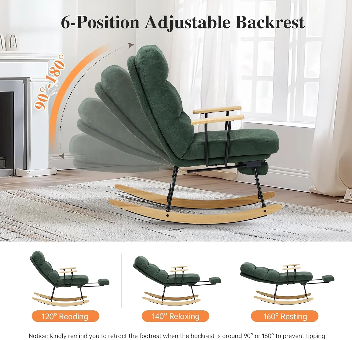 Teddy Upholstered Rocking Chair - Glider with Retractable Footrest and Adjustable Backrest, Modern Accent Chair for Living Room/Nursery/Bedroom/Outdoor - Green