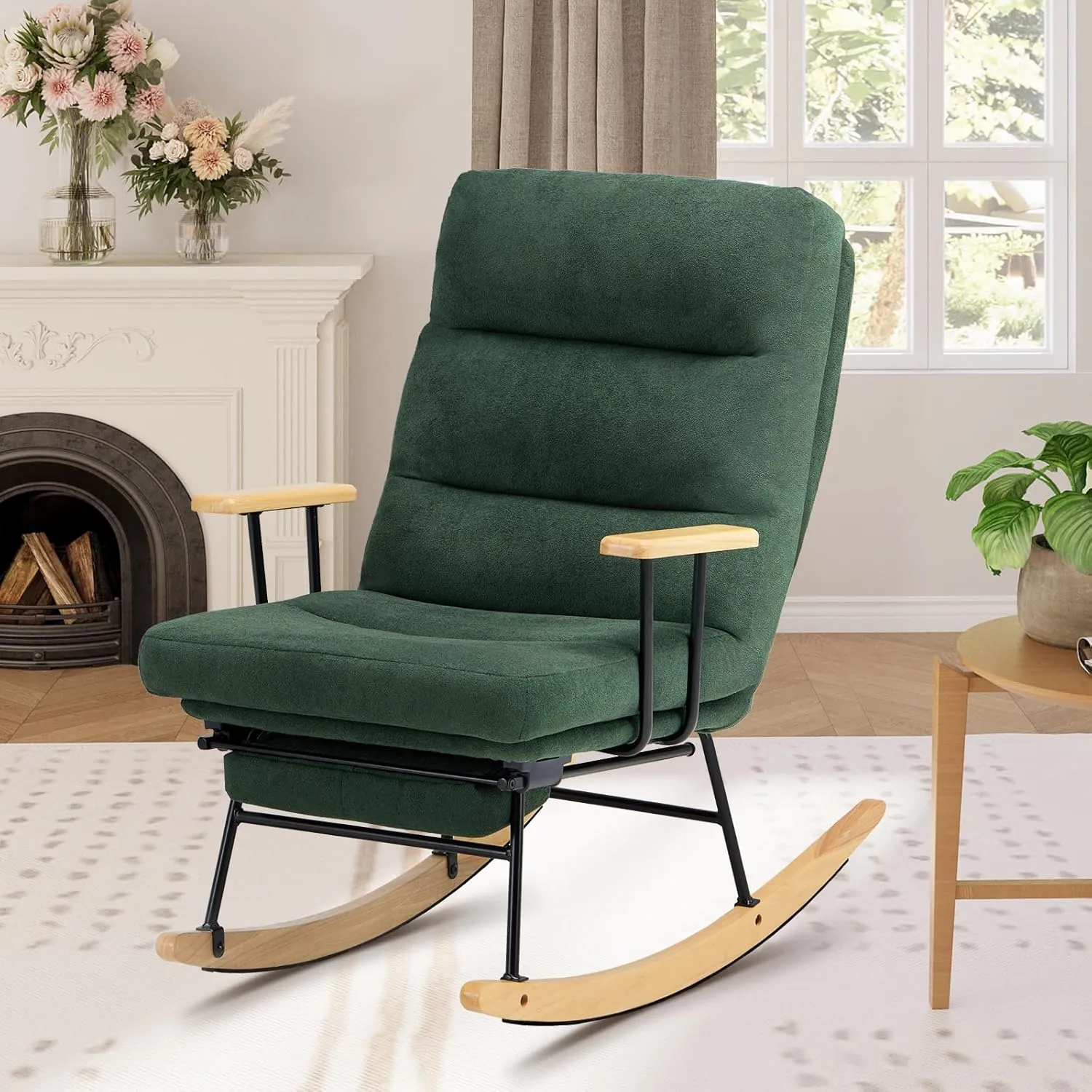 Teddy Upholstered Rocking Chair - Glider with Retractable Footrest and Adjustable Backrest, Modern Accent Chair for Living Room/Nursery/Bedroom/Outdoor - Green
