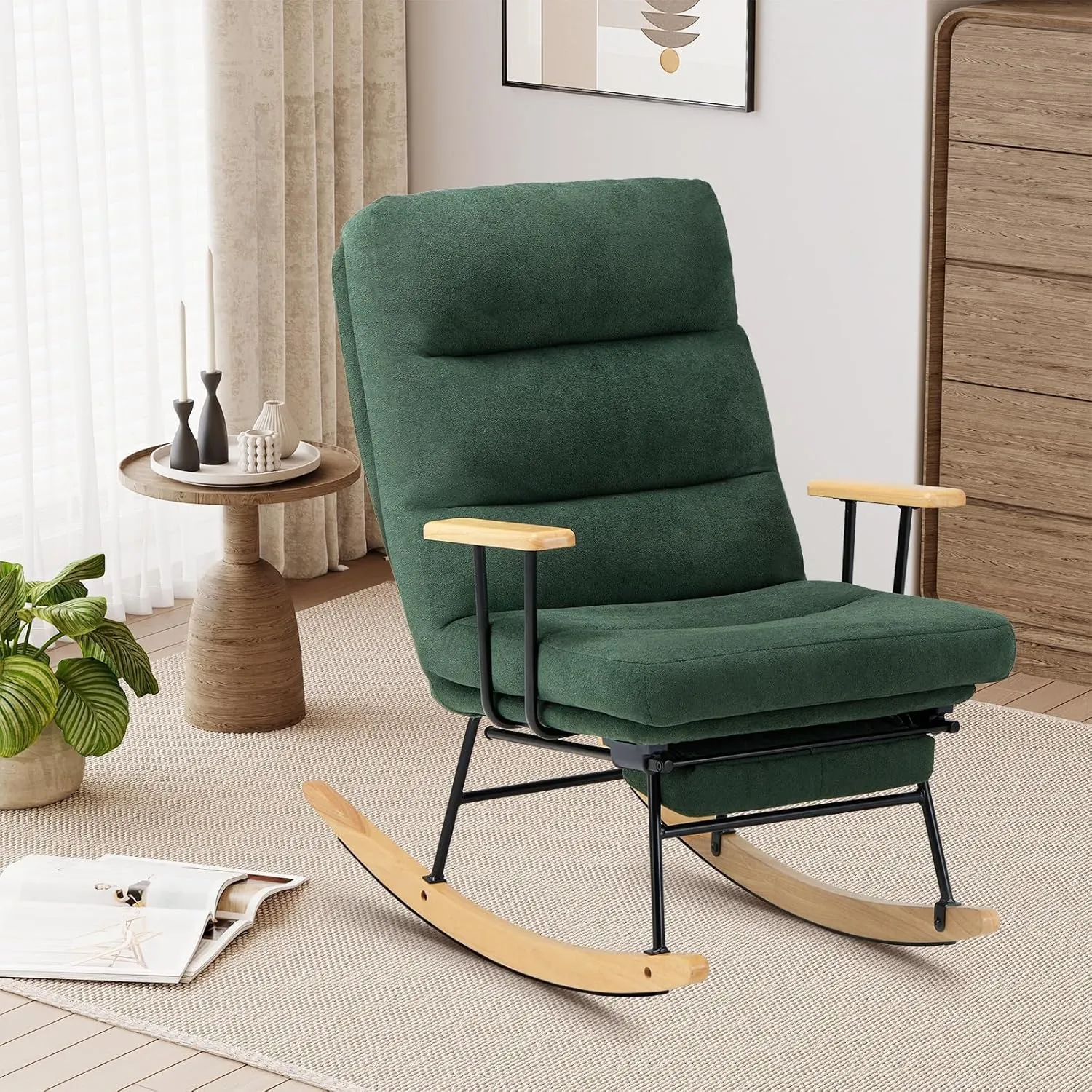 Teddy Upholstered Rocking Chair - Glider with Retractable Footrest and Adjustable Backrest, Modern Accent Chair for Living Room/Nursery/Bedroom/Outdoor - Green