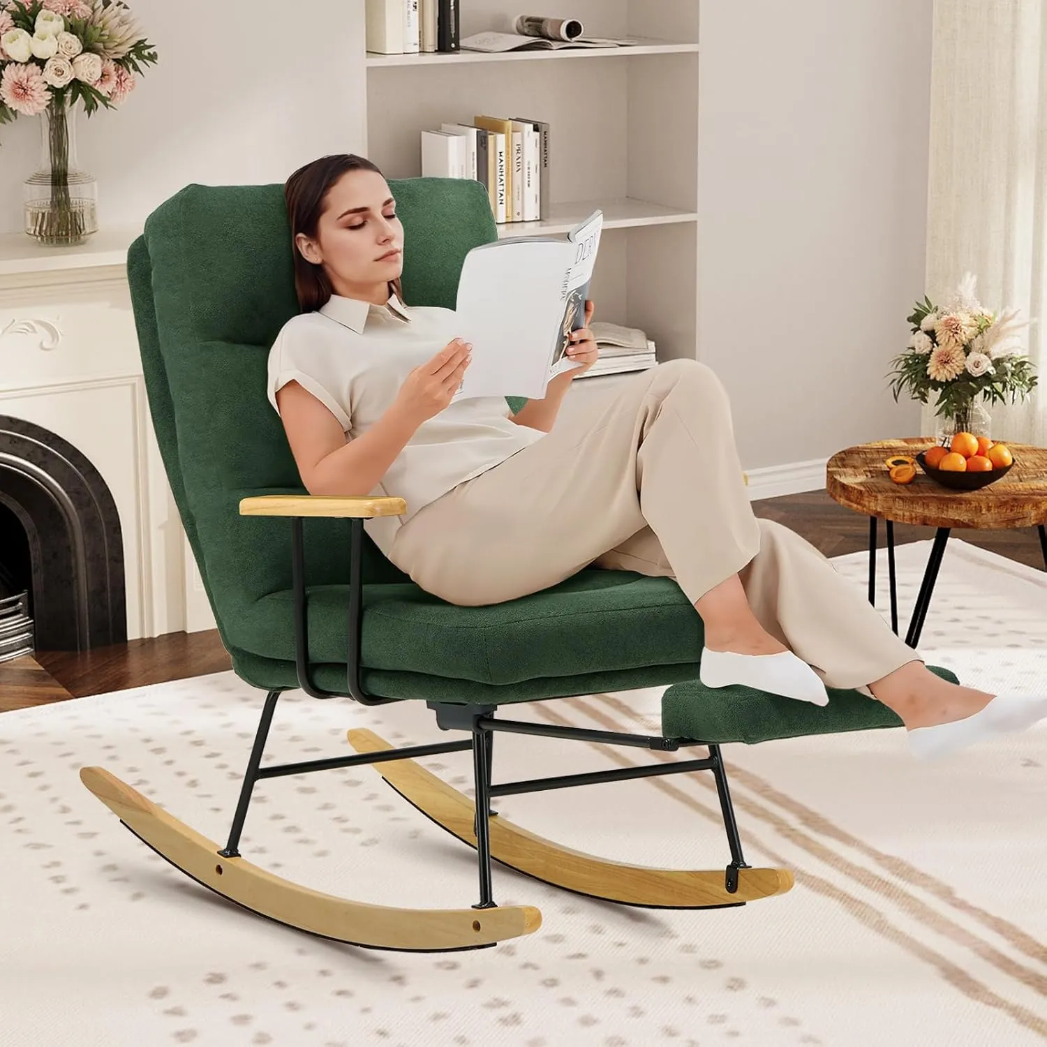 Teddy Upholstered Rocking Chair - Glider with Retractable Footrest and Adjustable Backrest, Modern Accent Chair for Living Room/Nursery/Bedroom/Outdoor - Green