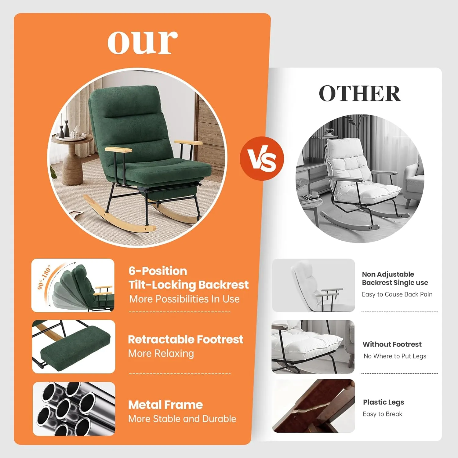 Teddy Upholstered Rocking Chair - Glider with Retractable Footrest and Adjustable Backrest, Modern Accent Chair for Living Room/Nursery/Bedroom/Outdoor - Green