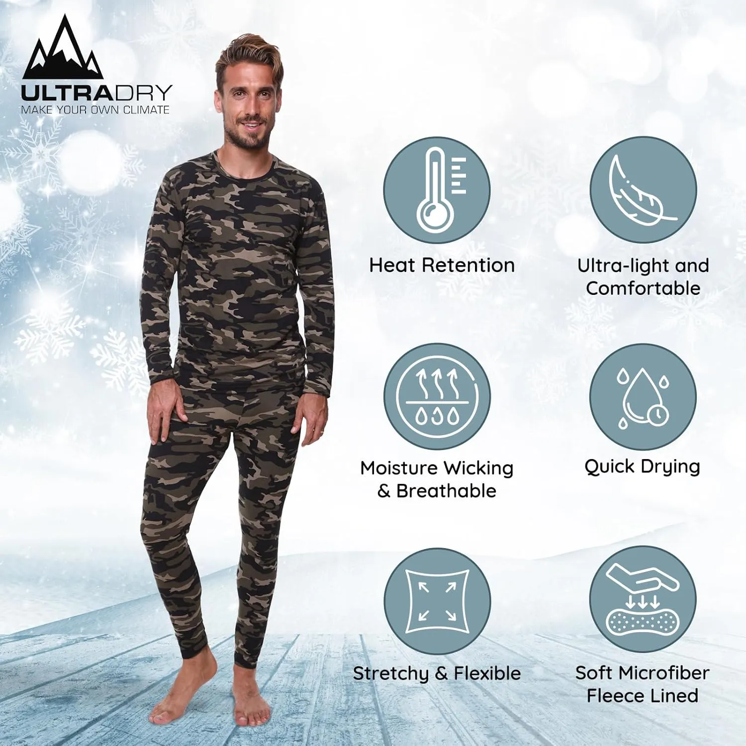 Thermal Underwear for Men Long John Set for Cold Weather Mens 2 pc Long Sleeve Shirt and Leggings Fleece Base Layer Thermals