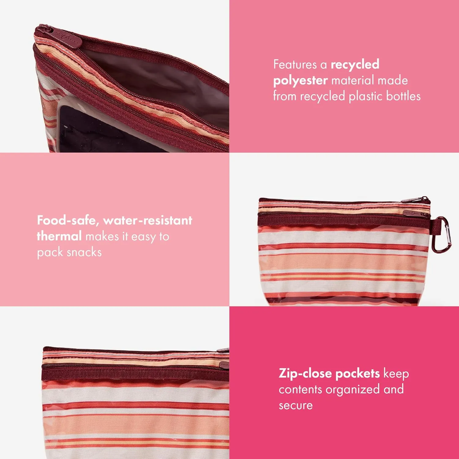 THIRTY-ONE Gifts Clear Clip Pouch, Zipper Pouch with Clear Pouch Pocket and Carabiner Pouch Clip, Sedona Stripe, Small
