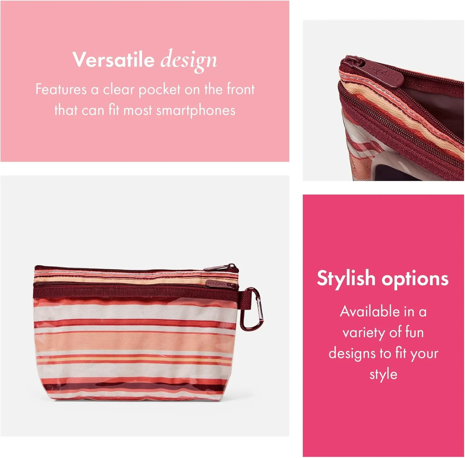THIRTY-ONE Gifts Clear Clip Pouch, Zipper Pouch with Clear Pouch Pocket and Carabiner Pouch Clip, Sedona Stripe, Small