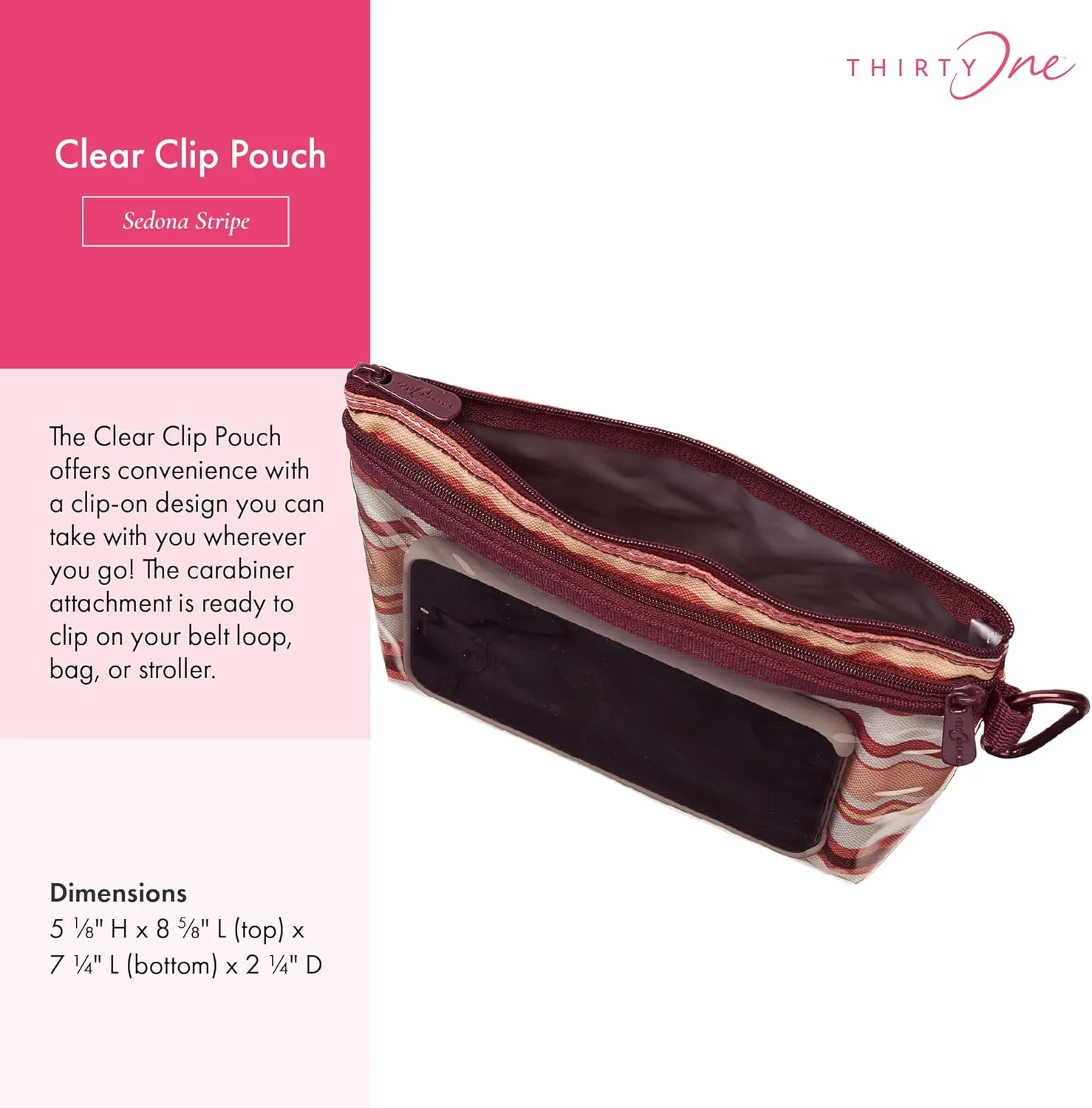 THIRTY-ONE Gifts Clear Clip Pouch, Zipper Pouch with Clear Pouch Pocket and Carabiner Pouch Clip, Sedona Stripe, Small