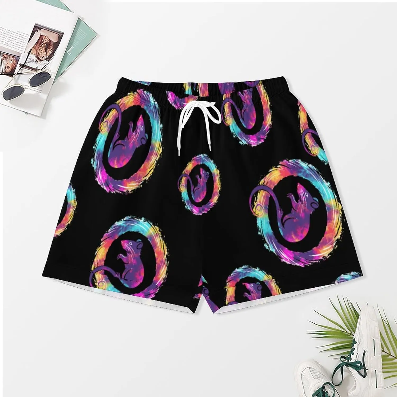 Tie Dye Rat Silhouette Women's Satin Pajama Set Short Sleeve Button Down Sleepwear Loungewear Pj Set