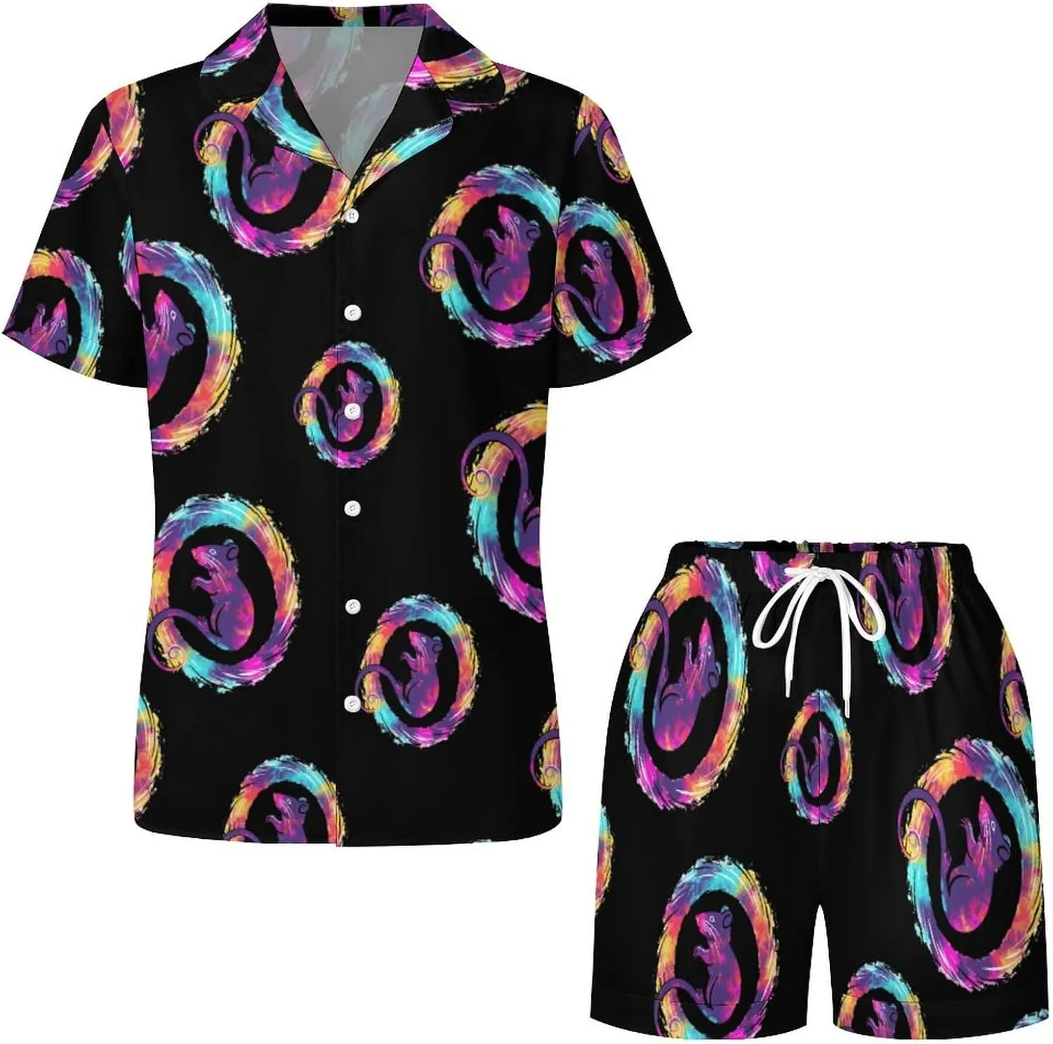 Tie Dye Rat Silhouette Women's Satin Pajama Set Short Sleeve Button Down Sleepwear Loungewear Pj Set