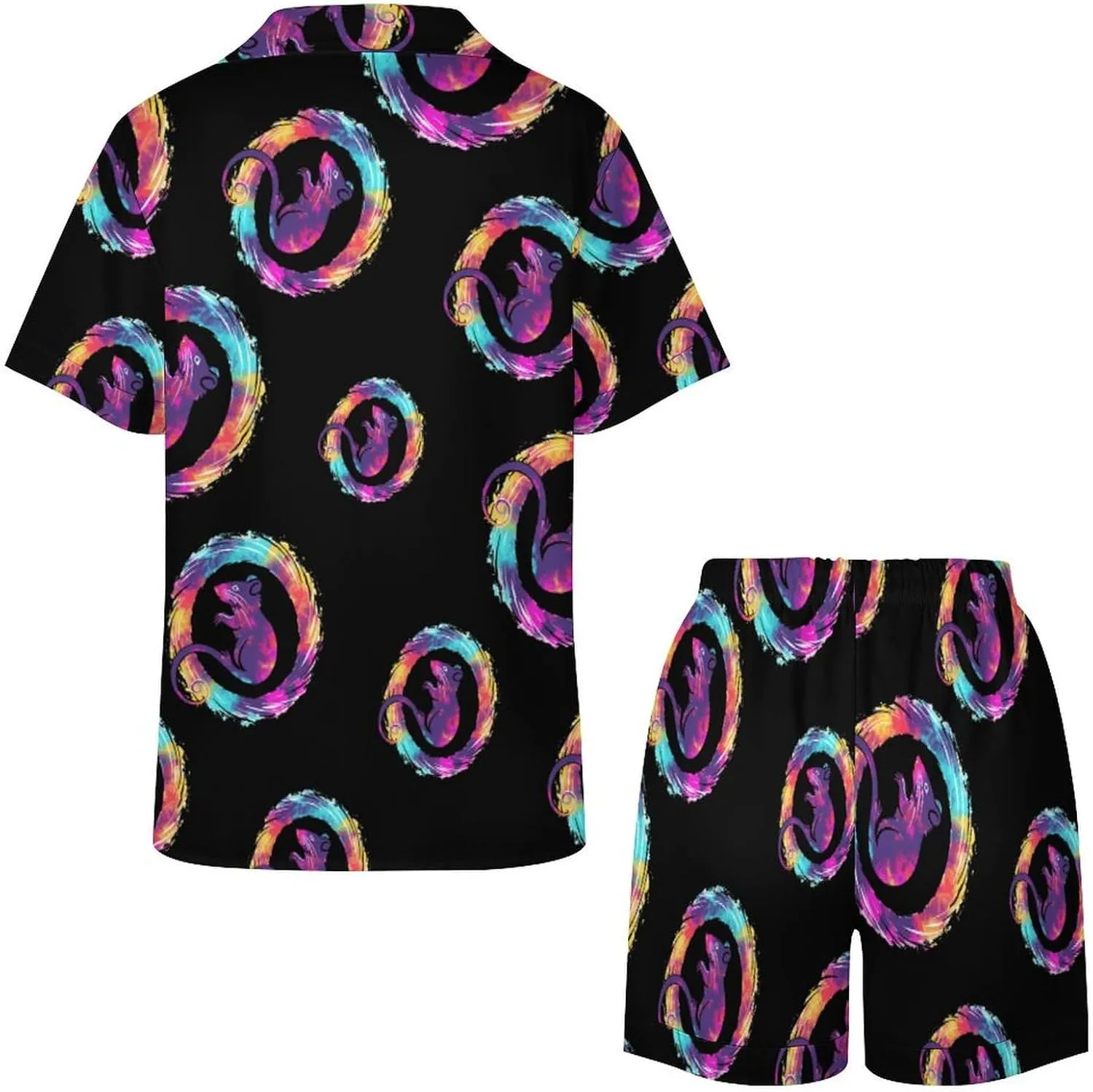 Tie Dye Rat Silhouette Women's Satin Pajama Set Short Sleeve Button Down Sleepwear Loungewear Pj Set