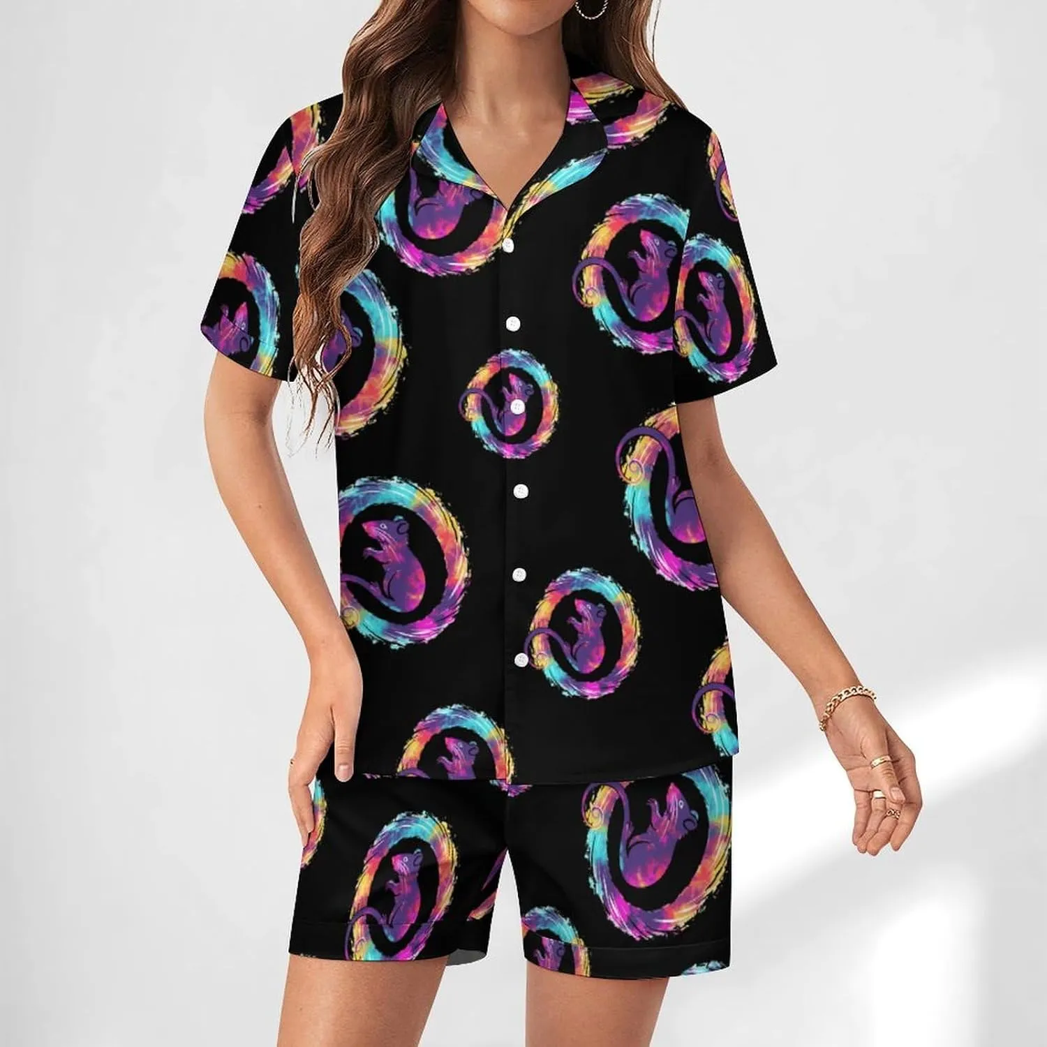 Tie Dye Rat Silhouette Women's Satin Pajama Set Short Sleeve Button Down Sleepwear Loungewear Pj Set