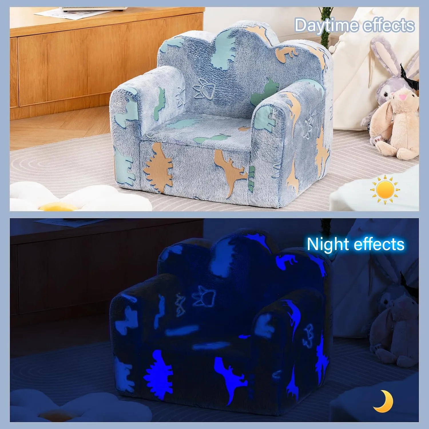 Tiita Kids Couch Plush Toddler Chair, Cloud-Like Glow in The Dark Kids Sofa Toddler Reading Chair with Washable Cover Carrying Handle, Convertible Children Sofa Chair for Girls and Boys