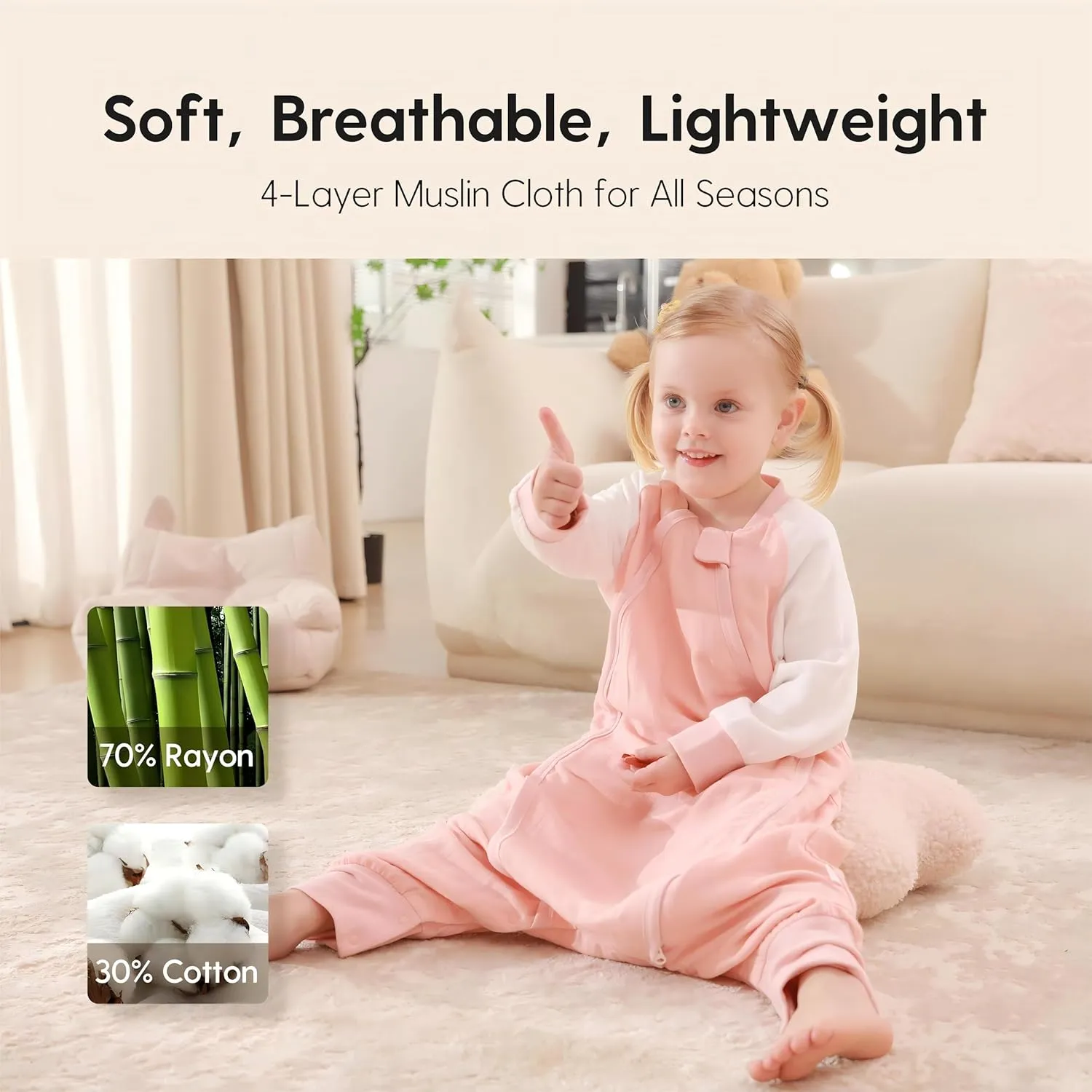 Toddler Sleep Sack, 1.0 Tog Sleep Sack 7T-8T with OUTLAST Temperature Regulation, Long Sleeve Sleeping Sack with Feet for Walkers, All Season, 2-Way Zipper, Pink, XL-41